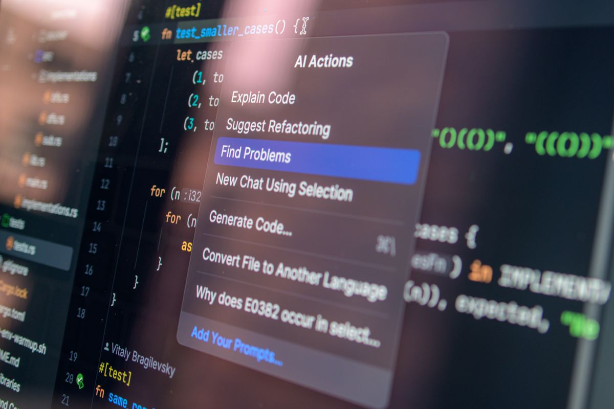 Close-up of a code editor with an AI assistant menu for debugging, the kind of AI-assisted work a behavioral interview AI question asks about